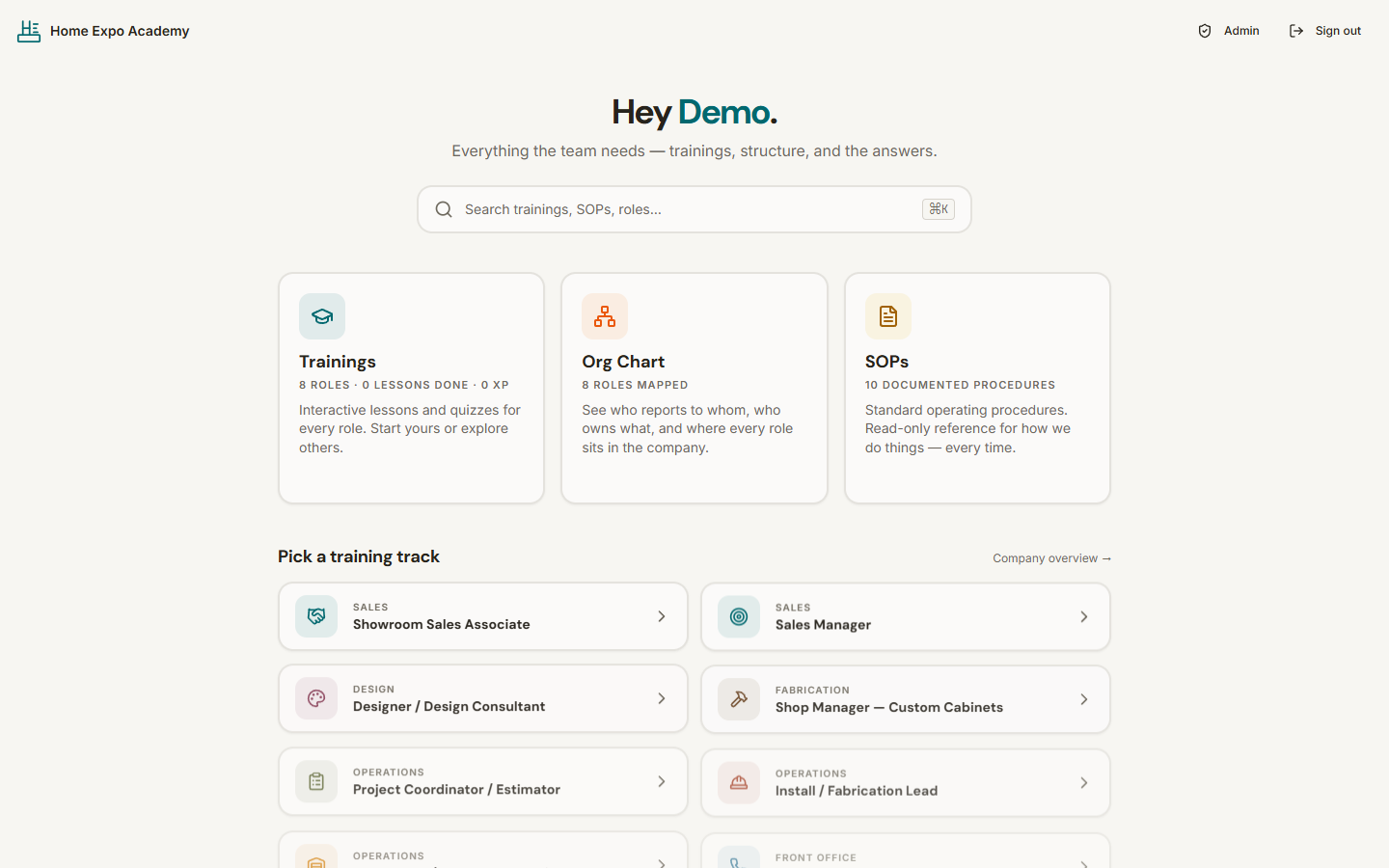 Screenshot of a live BreakItDown Operations client portal showing trainings, org chart, and SOP sections